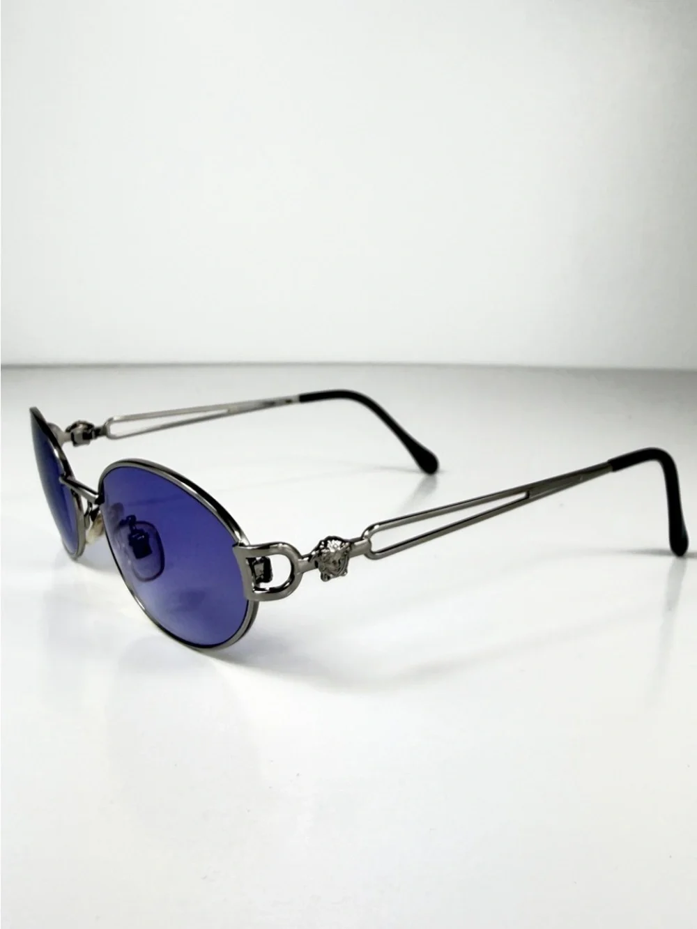90s Vtg Versace H68 Silver Oval Medusa Sunglasses Custom Purple Lenses Full Set